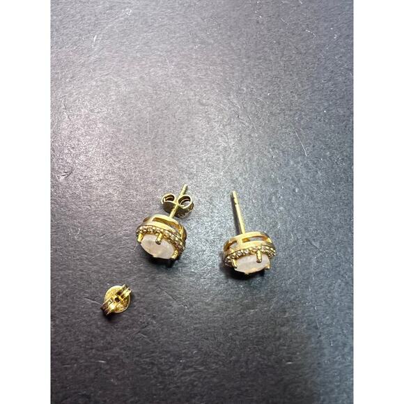 Rainbow moonstone halo stud gold over silver earrings - Picture 8 of 11